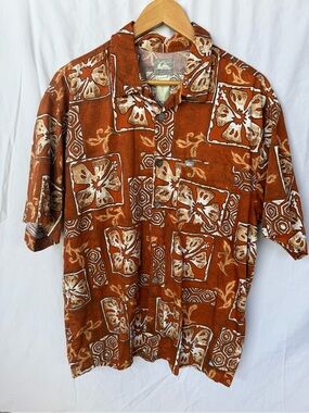 Quiksilver Men's Rust and Cream Floral Camp Shirt